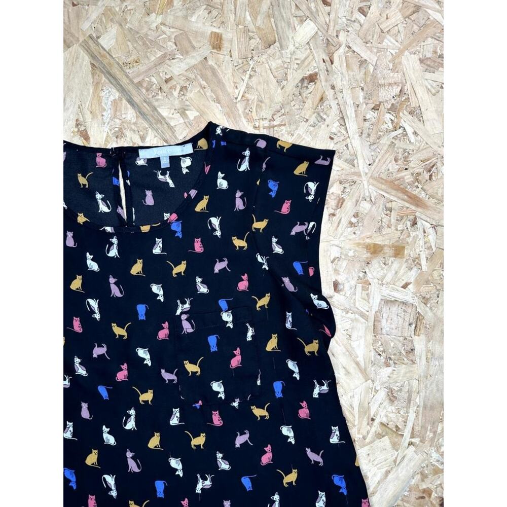 Sweet Rain Cat Print Blouse Womens Large Black Colorful Kitty Pattern Tank Top - Picture 5 of 14